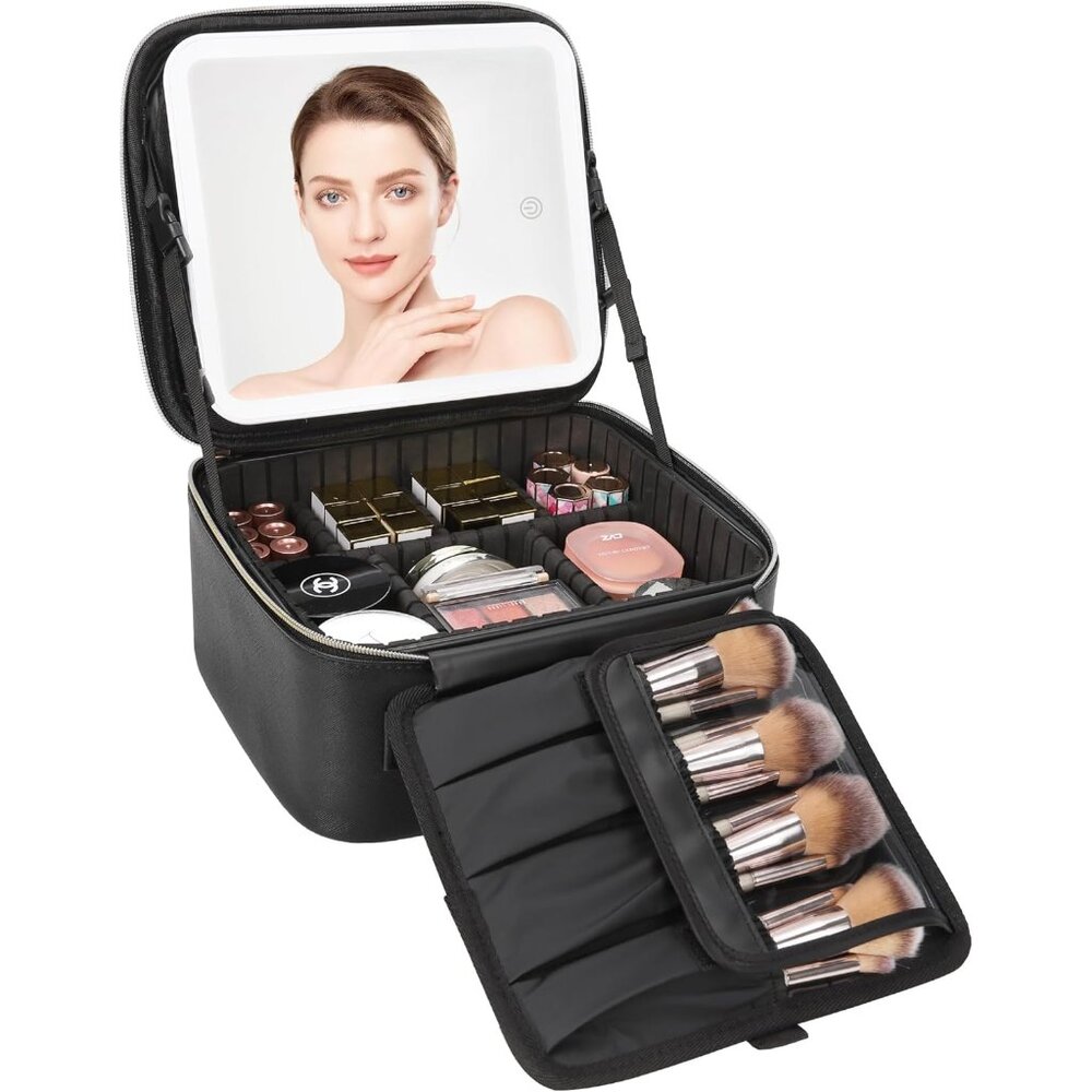 Travel Makeup Bag With LED Mirror, Cosmetic Train Case with Light up Mirror, Por